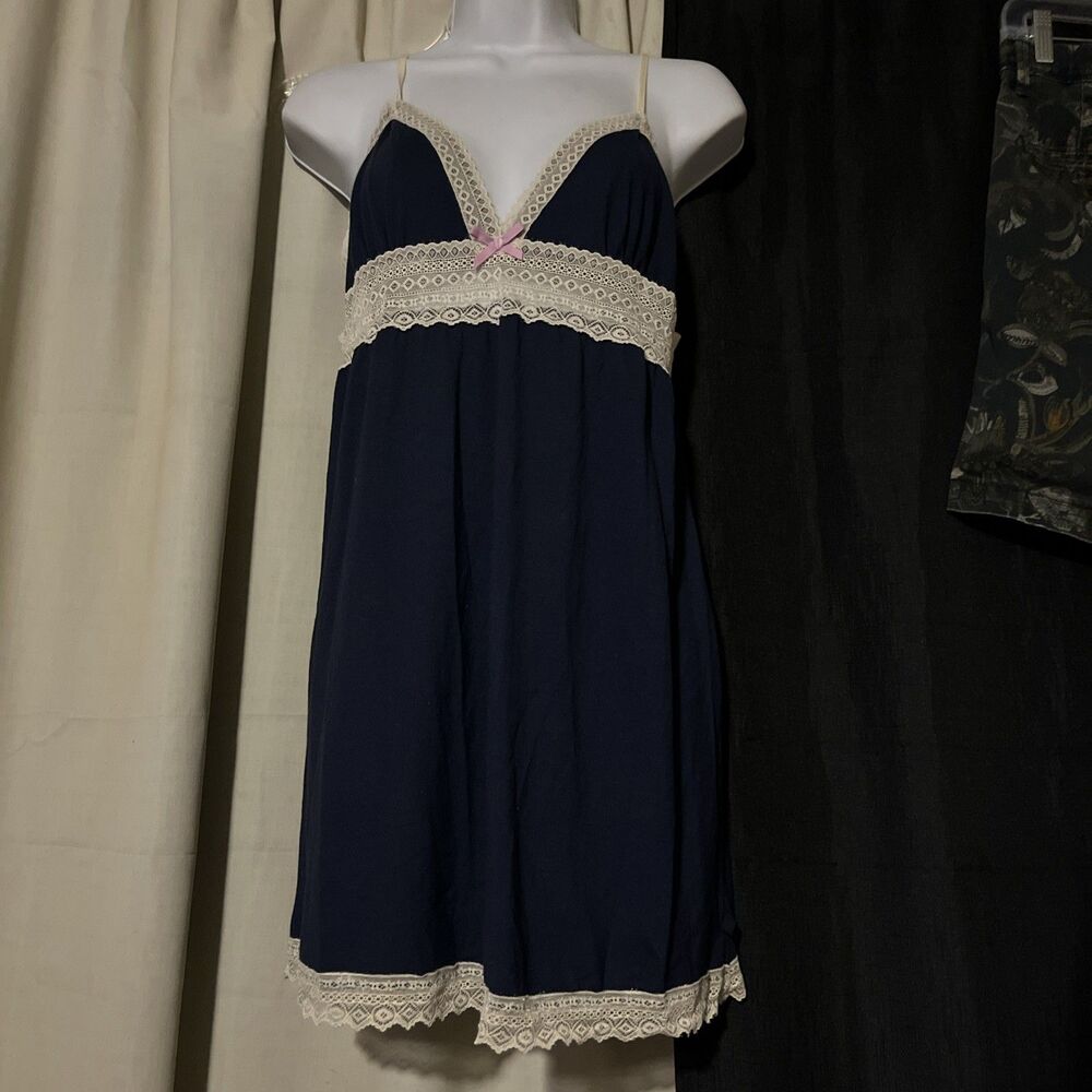 Vtg Gilligan & O'Malley Blue Slip Dress Sz M Babydoll Nightgown